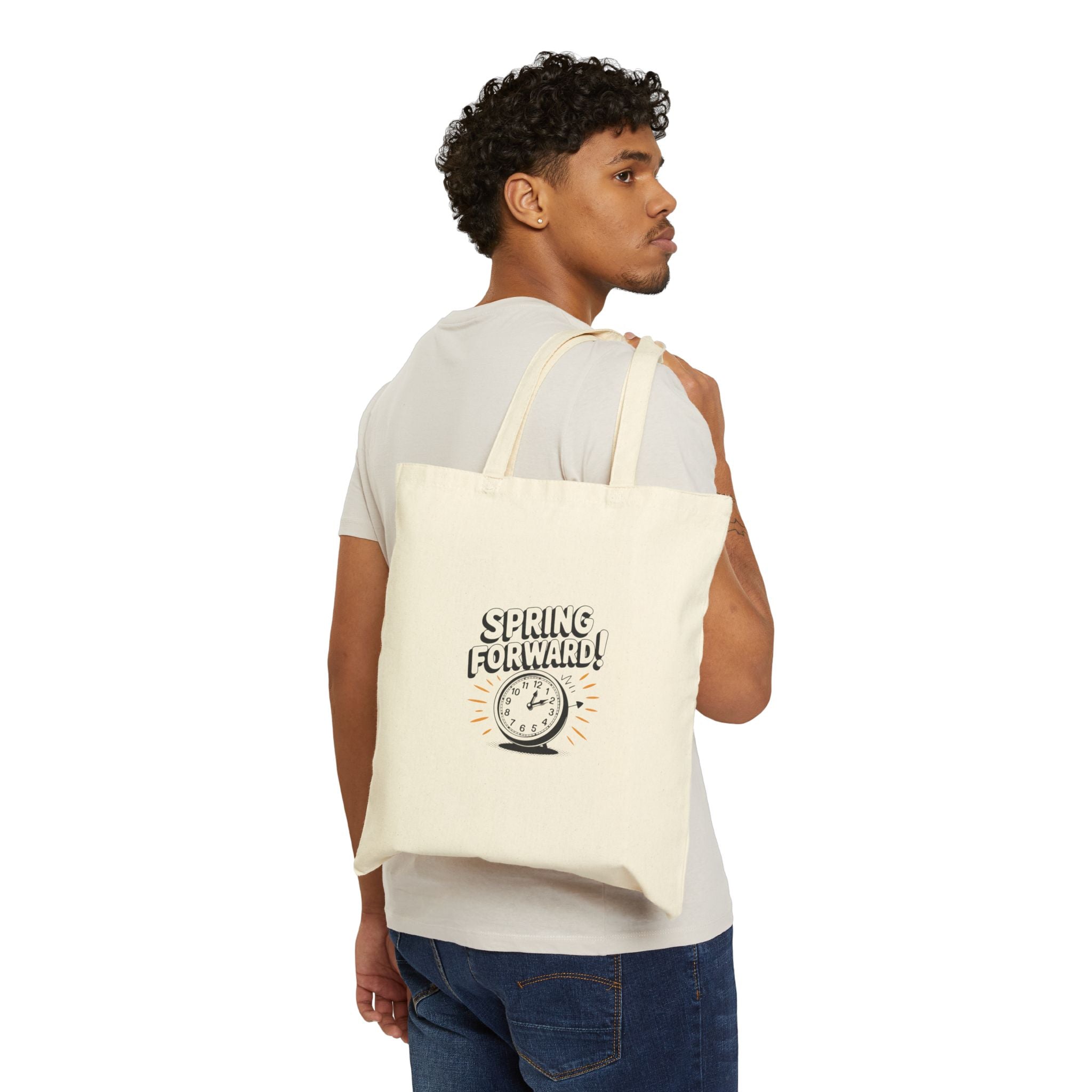 Spring Forward Tote Bag – Eco-Friendly Cotton Canvas Shopper with Motivational Clock Design